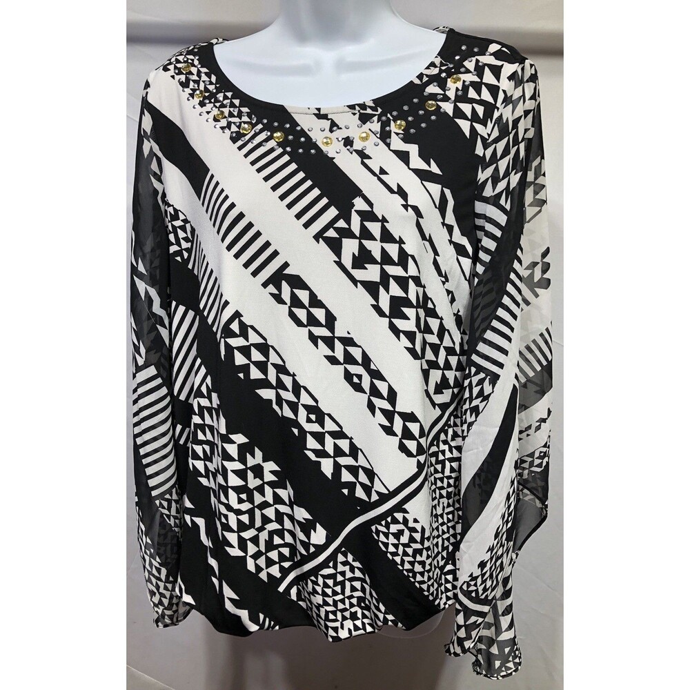 Alfani Top M Blk Wht Geo Long Chiffon Flutter Sleeve Beads Balloon Hem Glam Chic